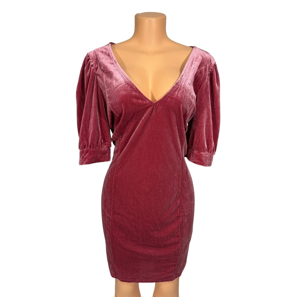 Forever 21 Plus Size Dusty Rose Pink Velvet V-Neck Puff Sleeve Mini Dress 3X‎